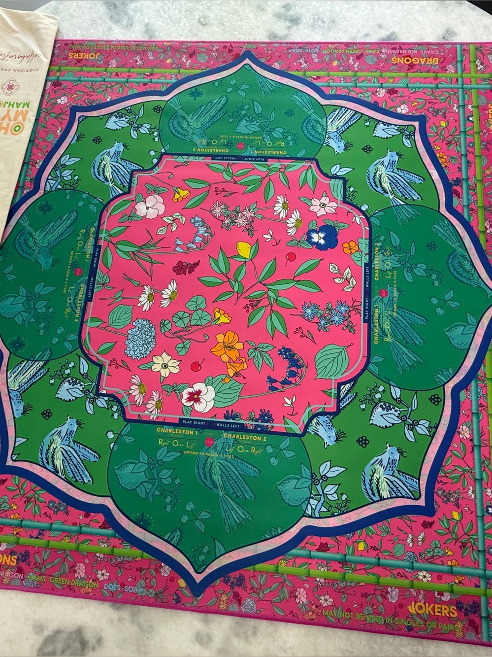 Oh My Mahjong Enchanted 33” Vibrant Floral Mat in Pink & Green - Picture 3 of 4